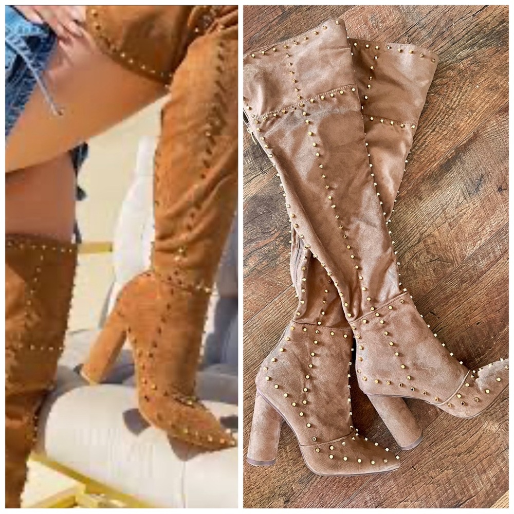 VENUS Studded Over-the-Knee Suede Boots in Tan